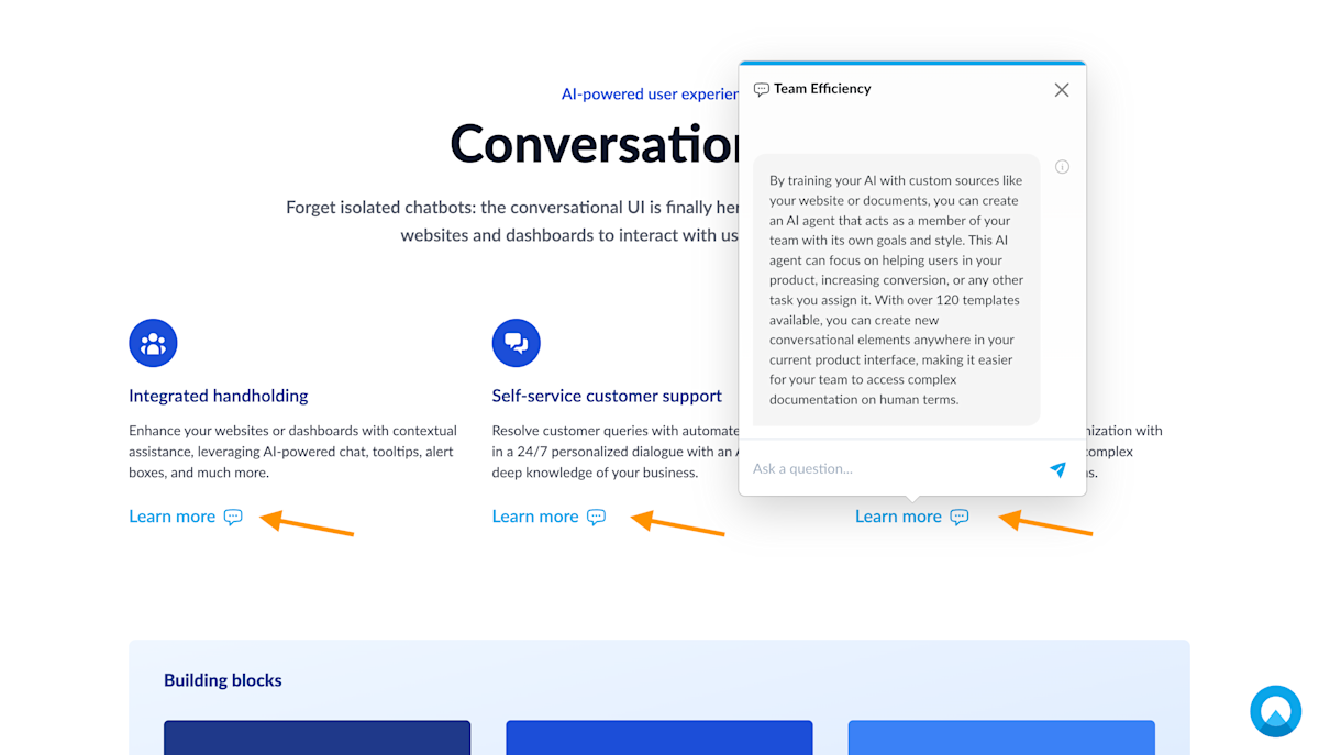 Conversational UI component example from the Unless homepage