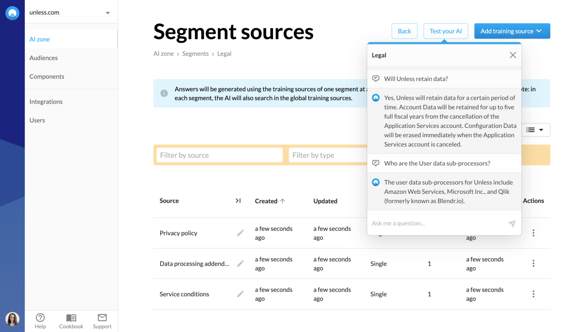 Adding sources and testing your AI (segment)