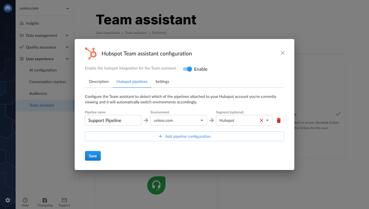 Hubspot configuration for the team assistant