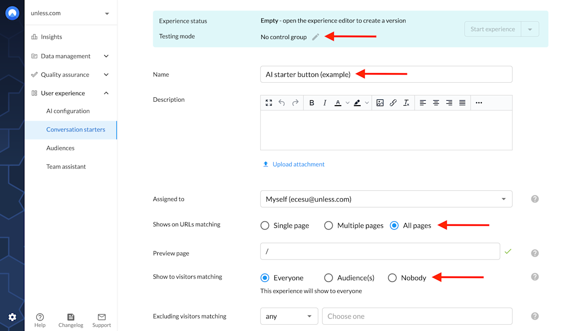 Component settings for the AI starter button