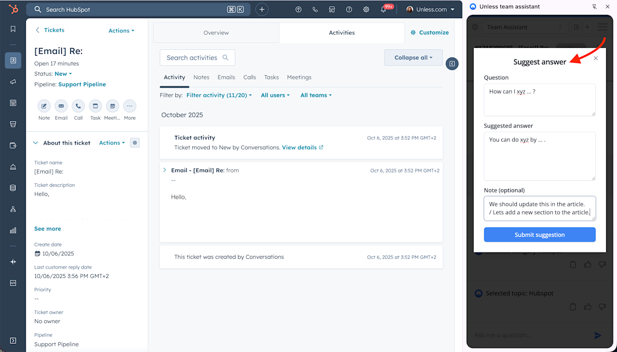 Suggesting an answer (for review) via the Unless team assistant