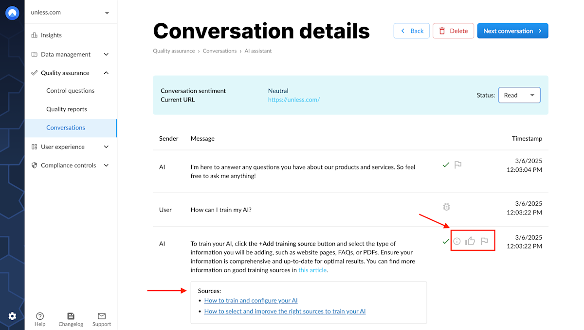 Conversation details page with sources, ratings, and flags