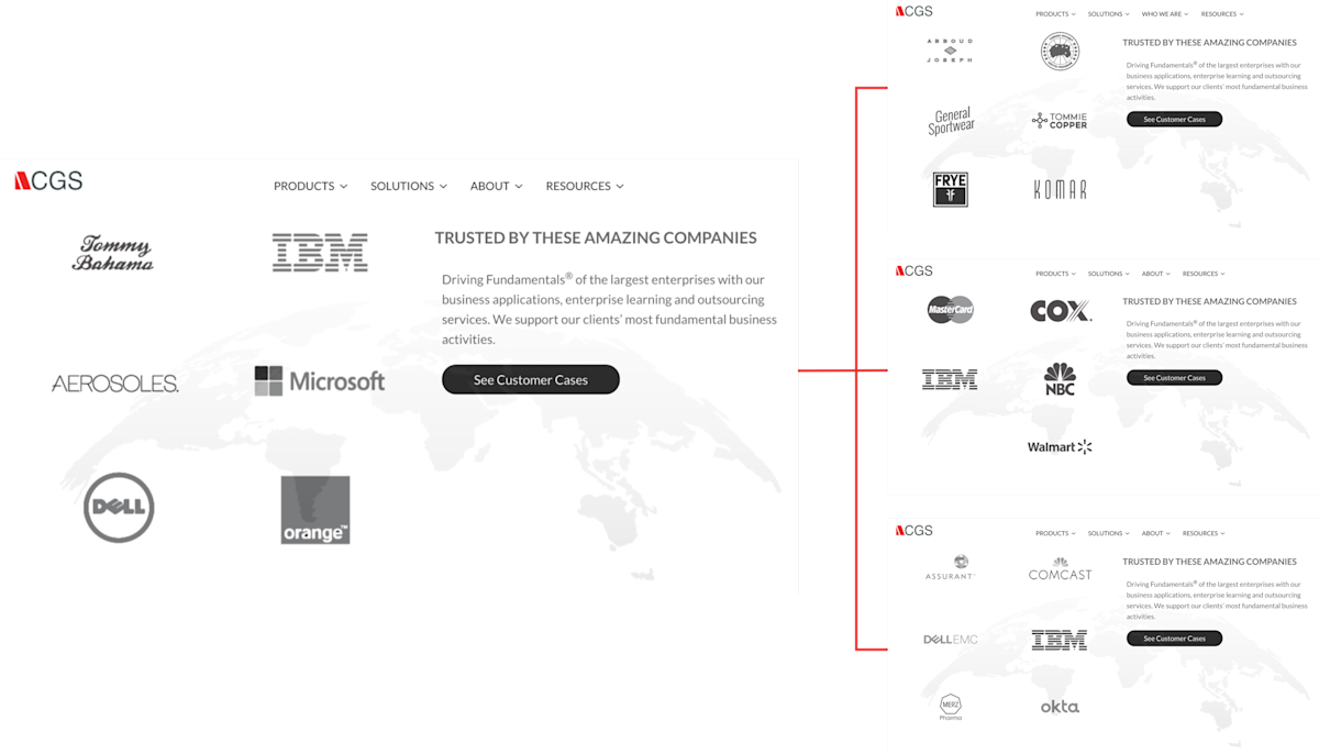Original social proof with logos (left) vs. personalized social proof experiences (right)