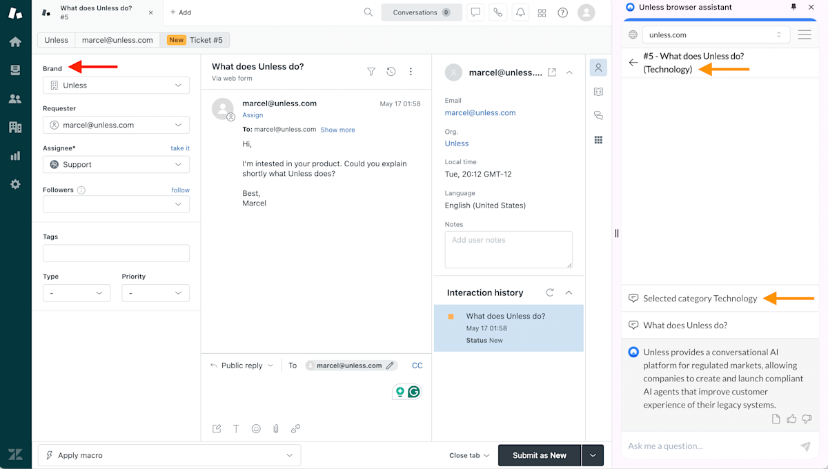 Zendesk ticket example with the browser assistant open on the side