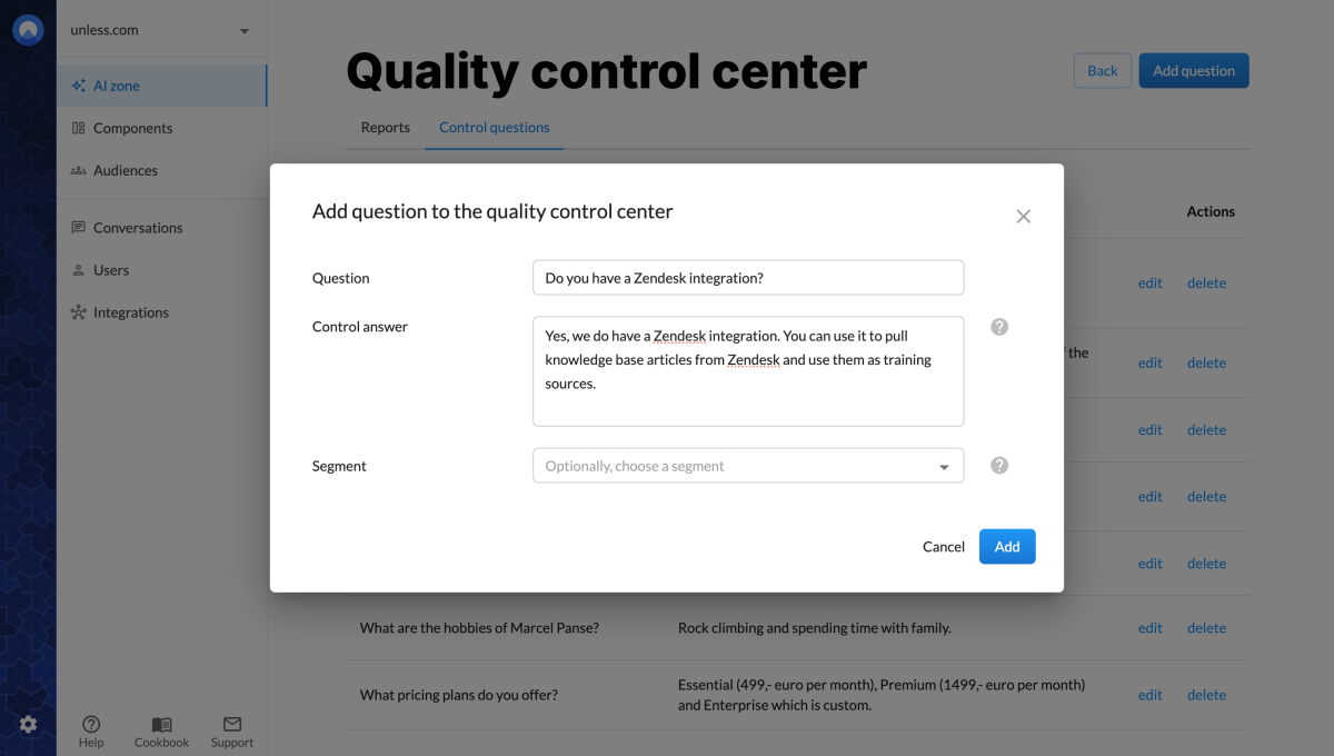 Adding a question to the quality control center