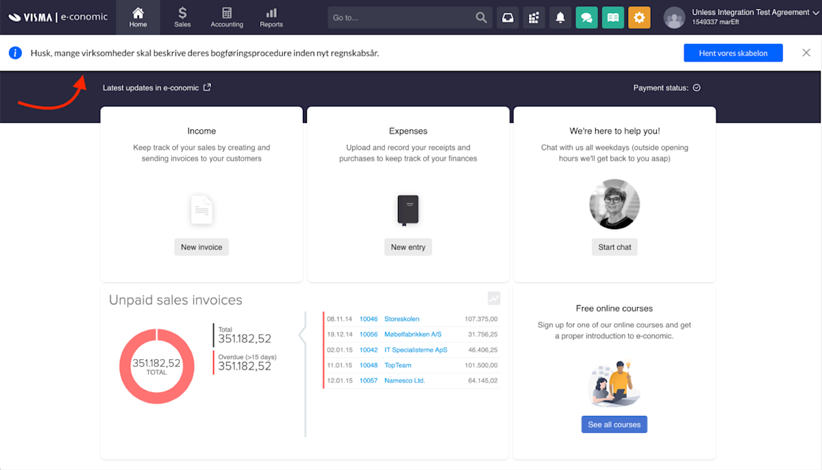 Inline bar component reminding users to describe their accounting procedure before the new financial year