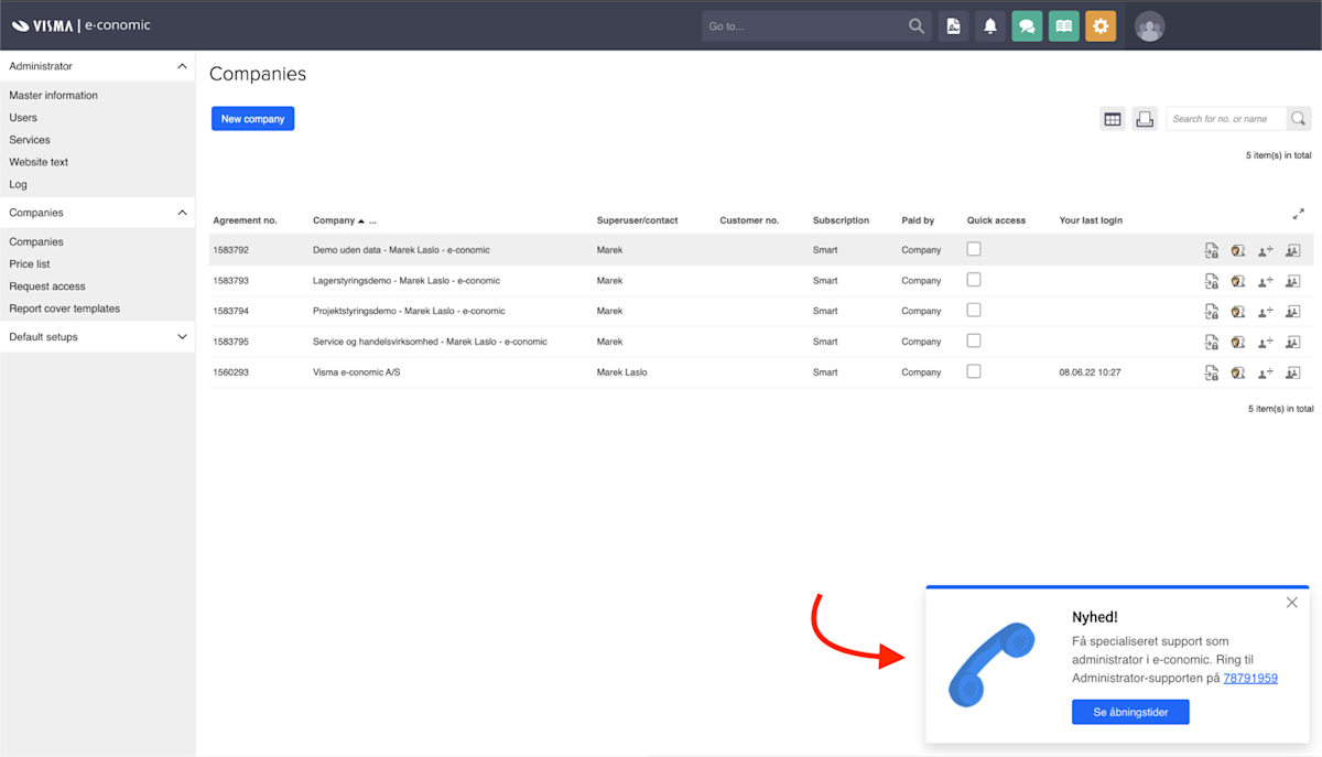 Side-box component to inform administrator users about a new specialized support number
