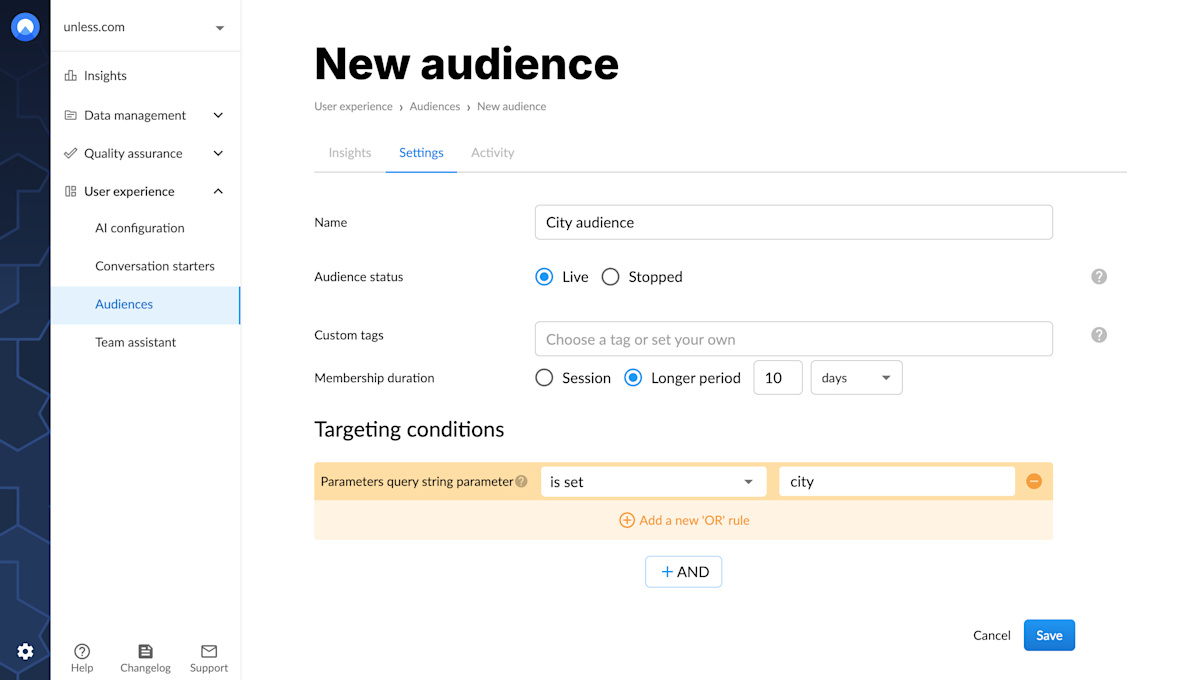 Setting up an audience based on the query string parameter