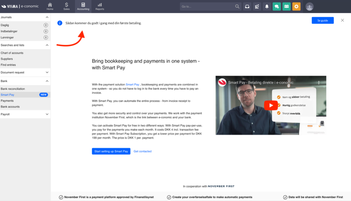 Bar component to show users how to get started with their first payment