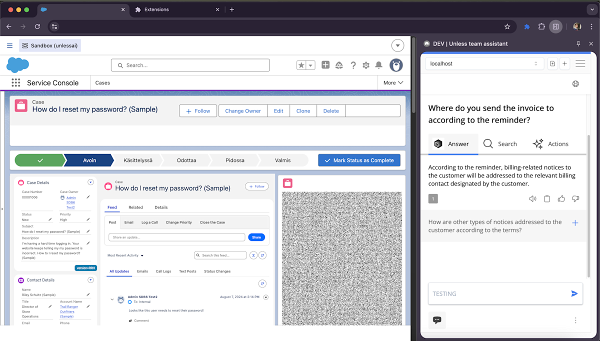 Salesforce ticket example with the Unless team assistant open on the side