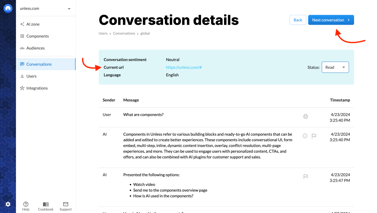 Conversation details view with two new features: Next conversation button and current URL field