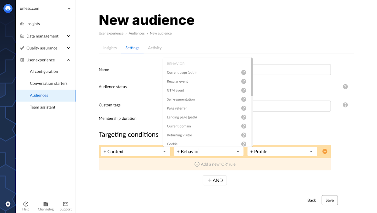 Behavior based targeting conditions for an audience