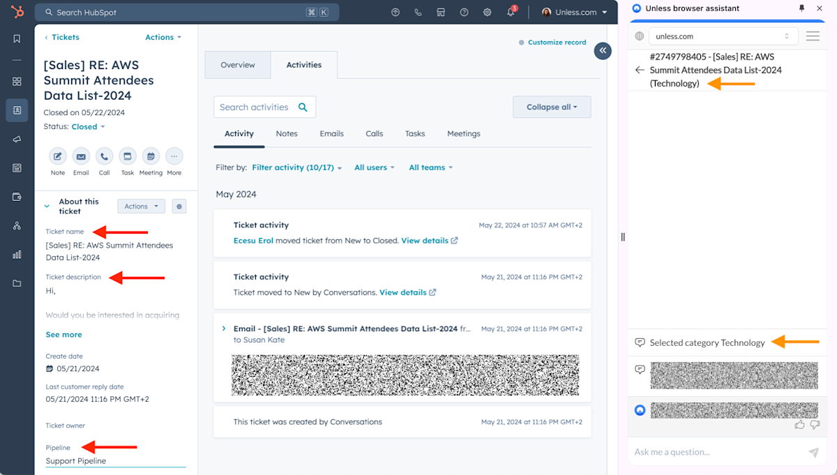 Hubspot ticket example with the browser assistant open on the side