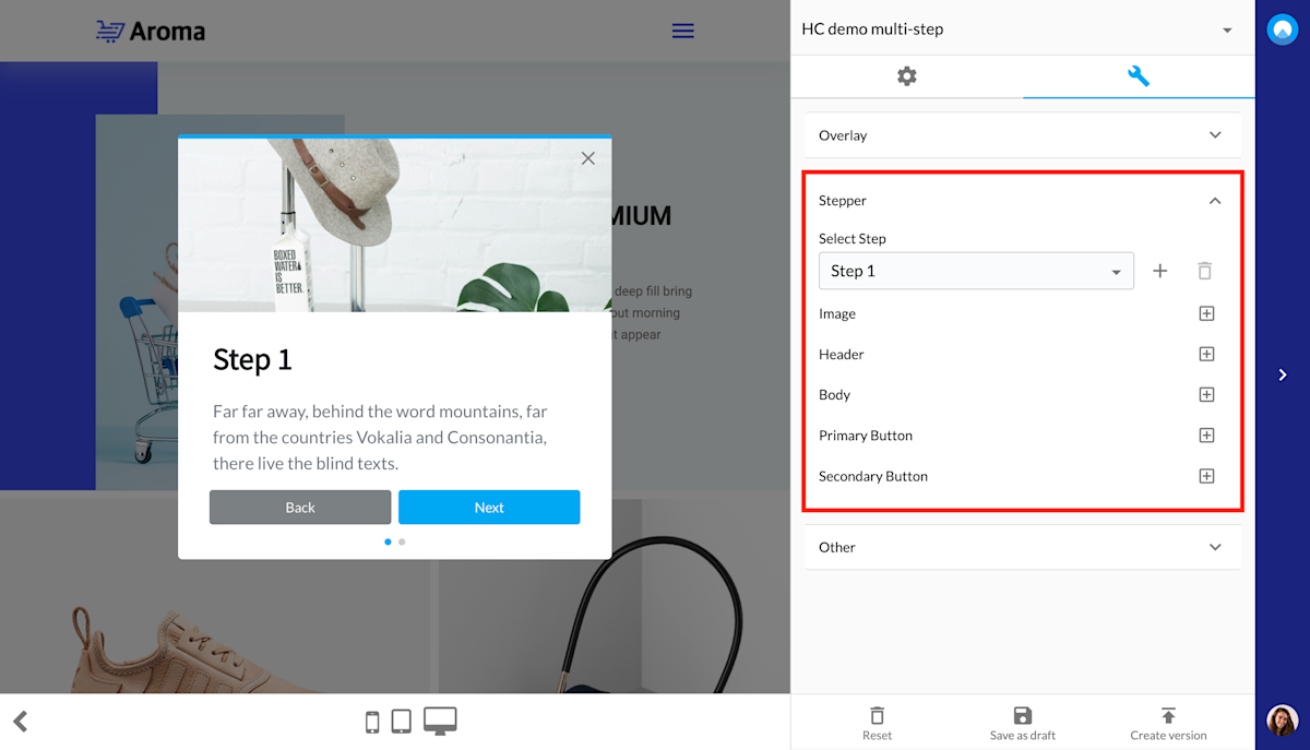 Multistep component editor: stepper tab