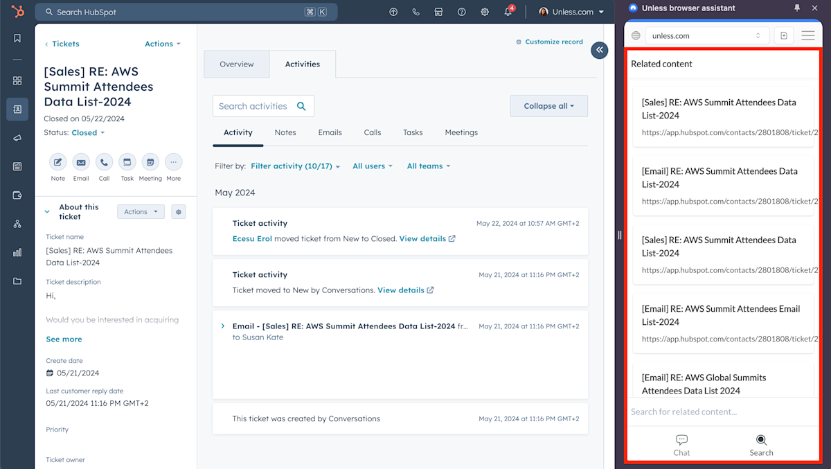 Unless browser assistant showing related content (similar tickets) to a ticket in Hubspot
