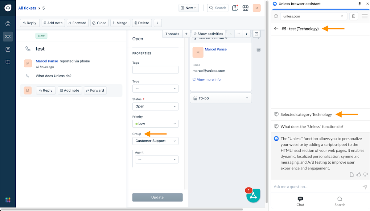 Freshdesk ticket example with the browser assistant open on the side