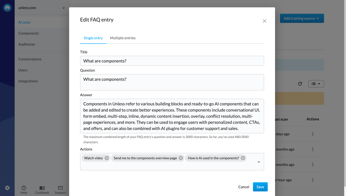 Edit FAQ entry to attach action(s)