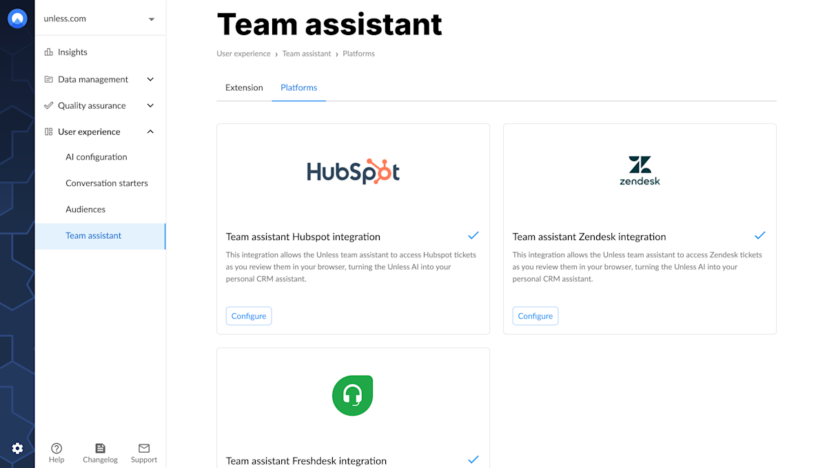 Unless team assistant platforms tab