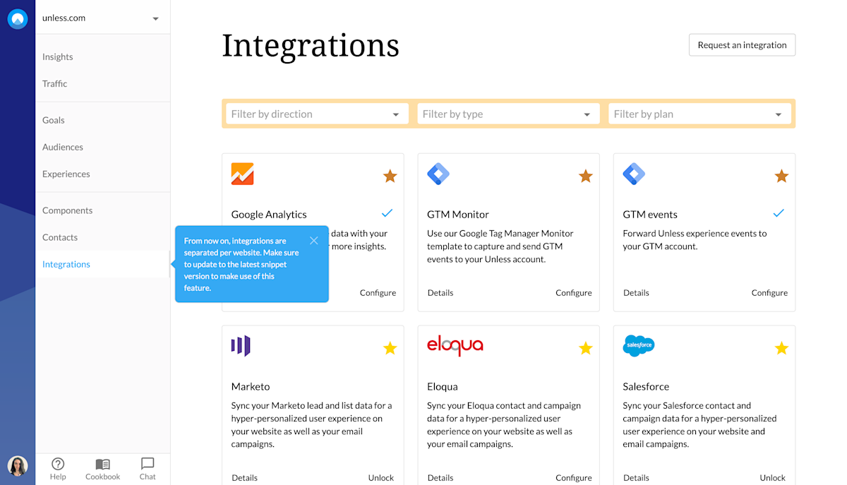 Popover calling attention to the Integrations tab with a feature update