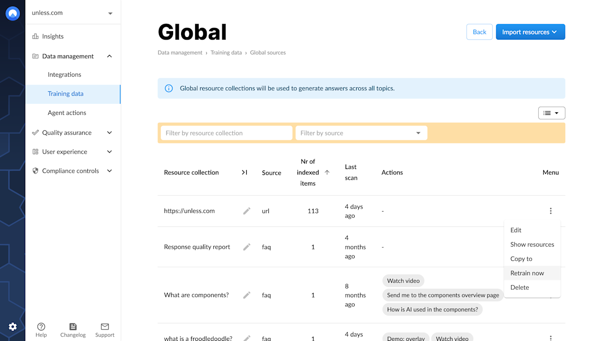 Training source menu options
