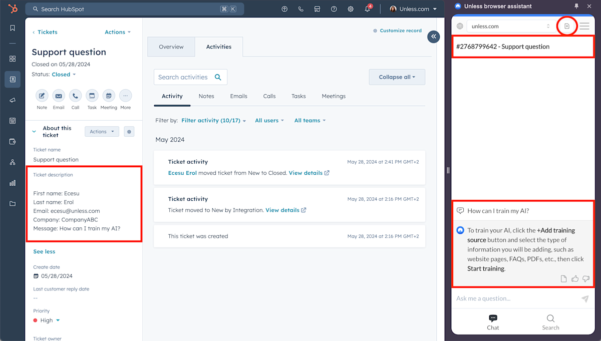 Unless browser assistant auto-responding to a ticket in Hubspot