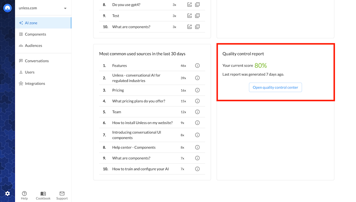 Quality control report block in the AI zone insights tab