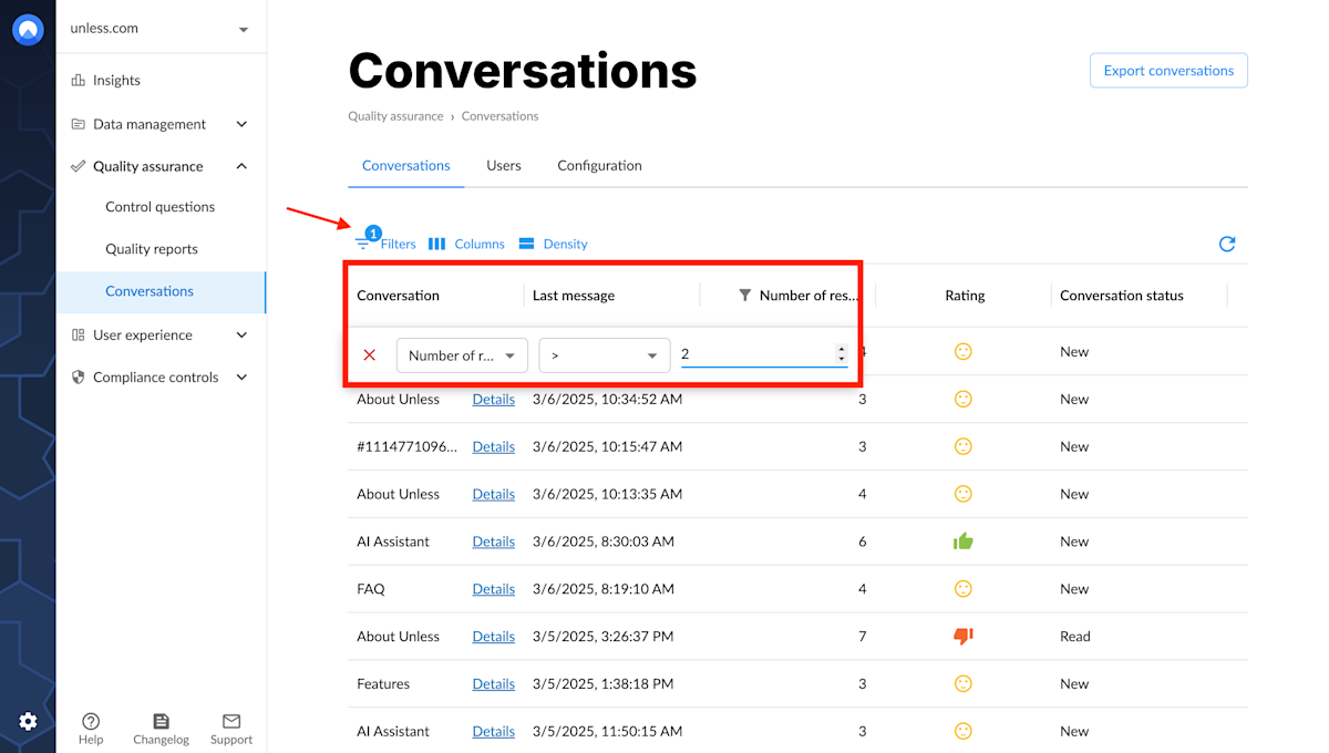 Filter conversations based on number of responses