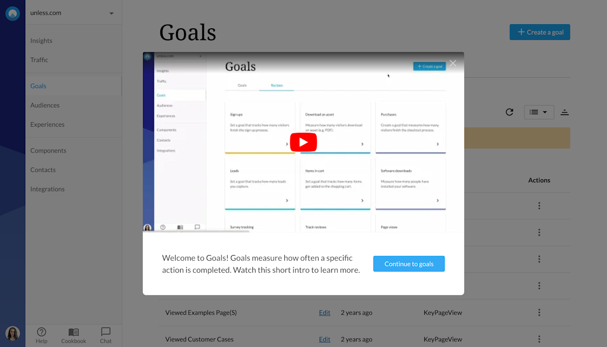 Pop-up with an introductory video about goals