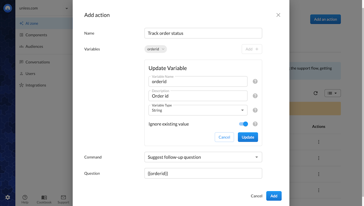 Setting up an action with a variable
