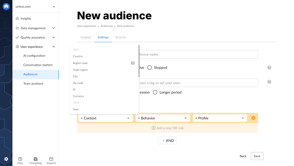 Context based targeting conditions for an audience
