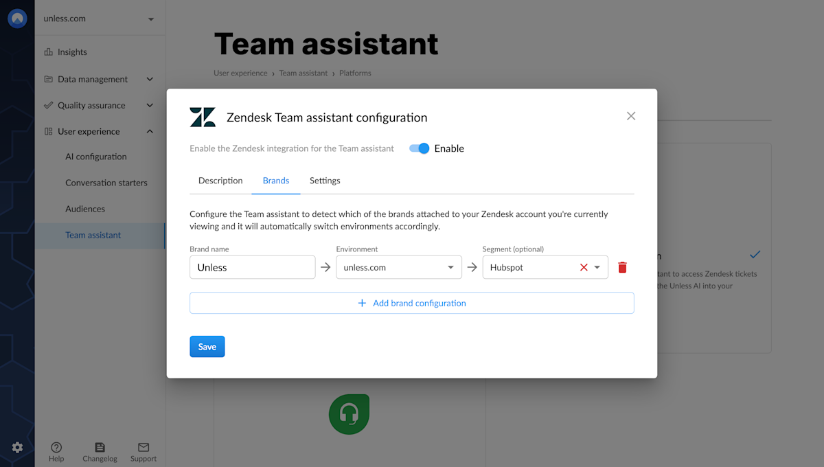 Zendesk configuration for the team assistant