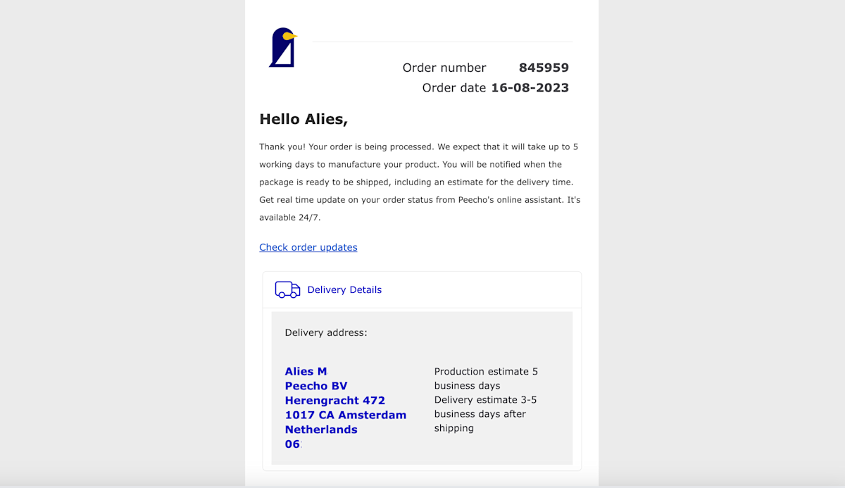 Peecho order confirmation email
