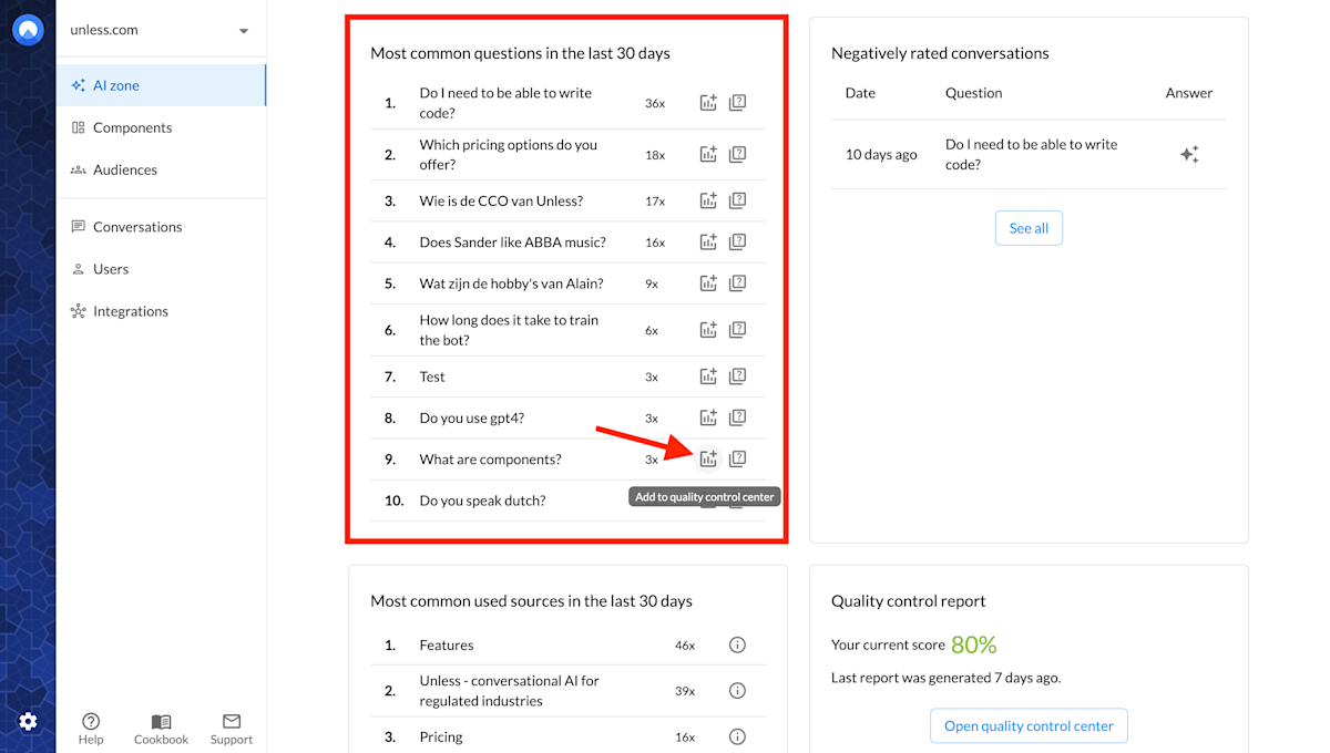 Adding a top question to the quality control center