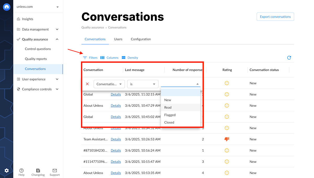 Filter conversations based on status
