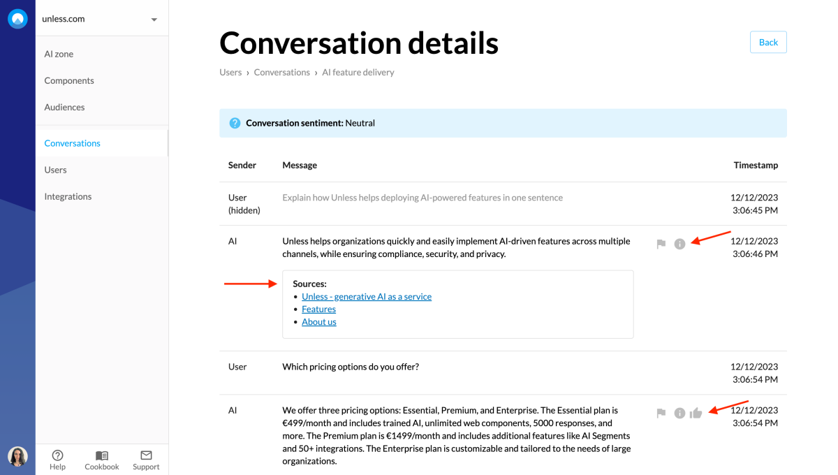 Conversation details page with sources, ratings, and flags