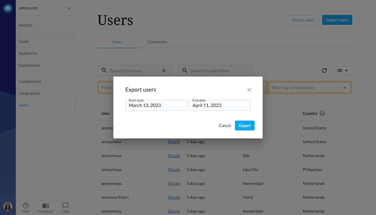 Exporting users with a selected date range