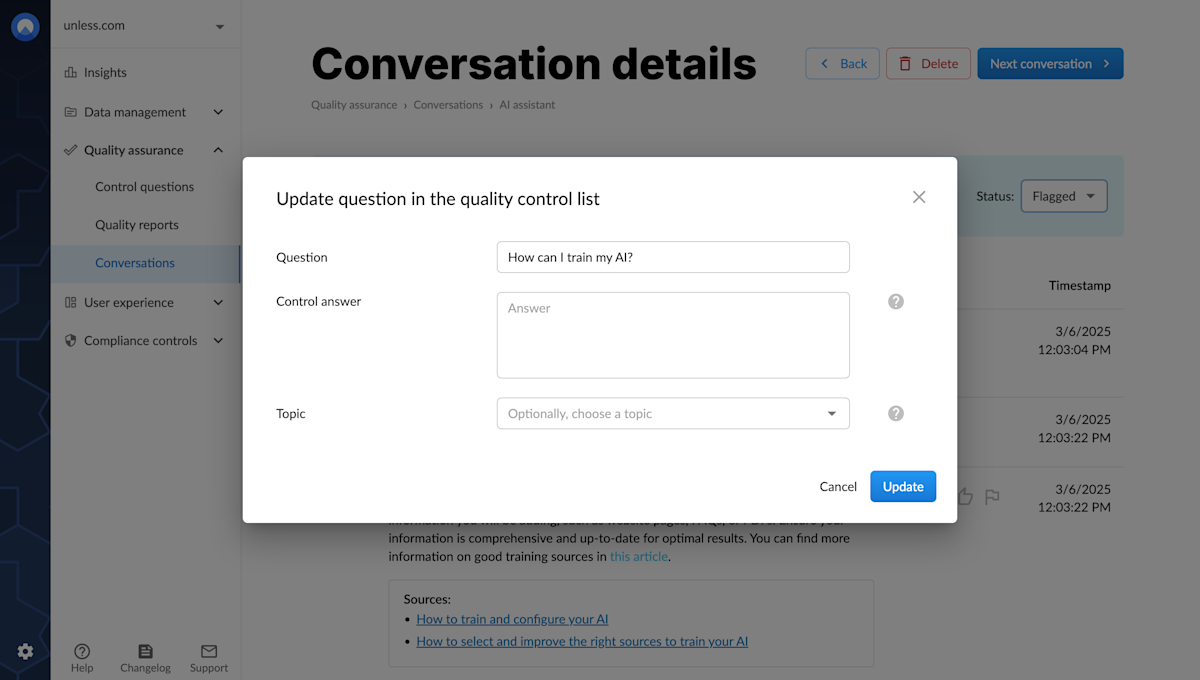 Update question in the quality control list