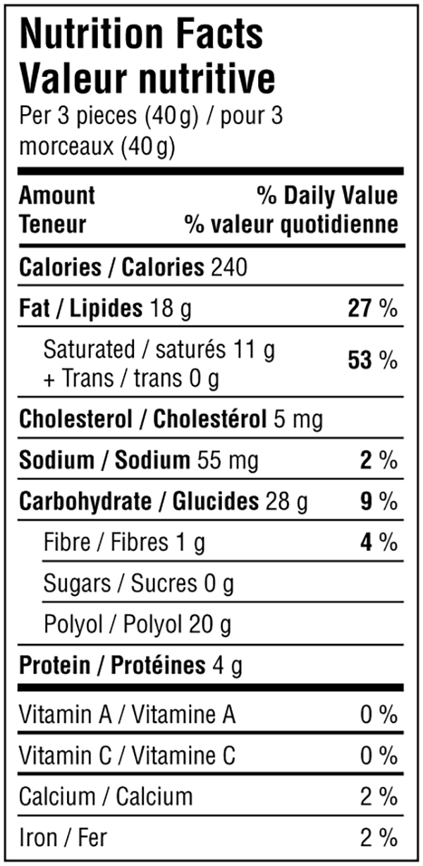 Please contact info@reidchocolates.com for a transcript of the nutrition facts for this product.