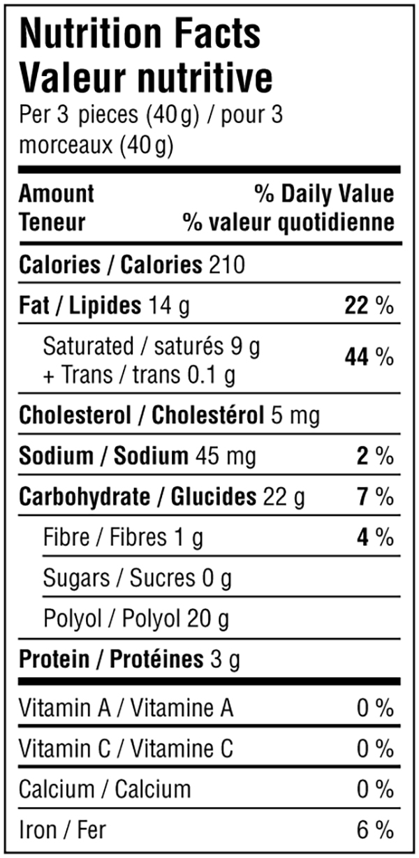 Please contact info@reidchocolates.com for a transcript of the nutrition facts for this product.