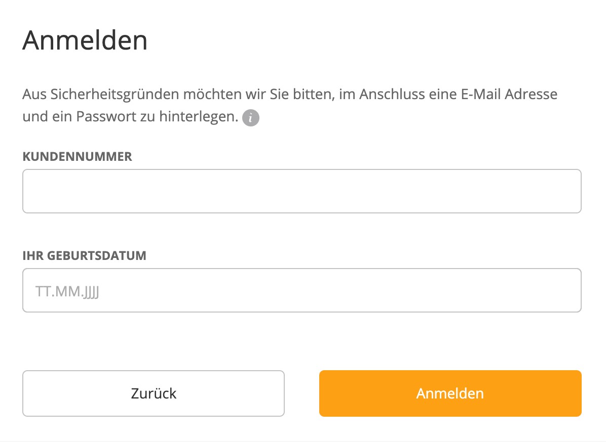 Anmeldung Kundennummer und Geburtsdatum
