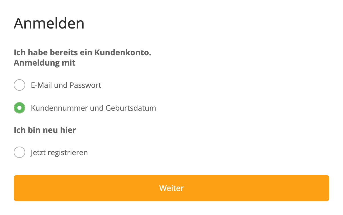 Anmeldeoptionen Checkout