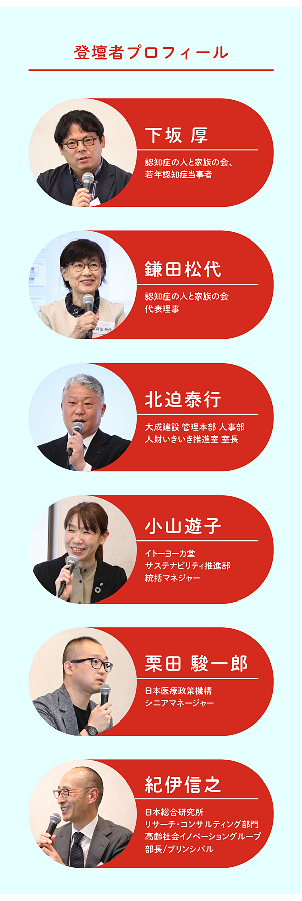 登壇者プロフィール
下坂厚 (認知症の人と家族の会、若年認知症当事者)
鎌田松代 (認知症の人と家族の会 代表理事)
北迫泰行(大成建設 管理本部 人事部 人財いきいき推進室 室長)
小山遊子(イトーヨーカ堂 サステナビリティ推進部 統括マネジャー)
栗田駿一郎(日本医療政策機構 シニアマネージャー)
紀伊信之(日本総合研究所 リサーチ・コンサルティング部門 高齢社会イノベーショングループ 部長/プリンシパル)