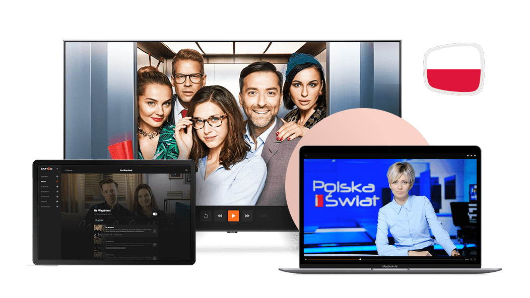 Smart-TV, Laptop und Smartphone mit polnischem Senderpaket von Zattoo