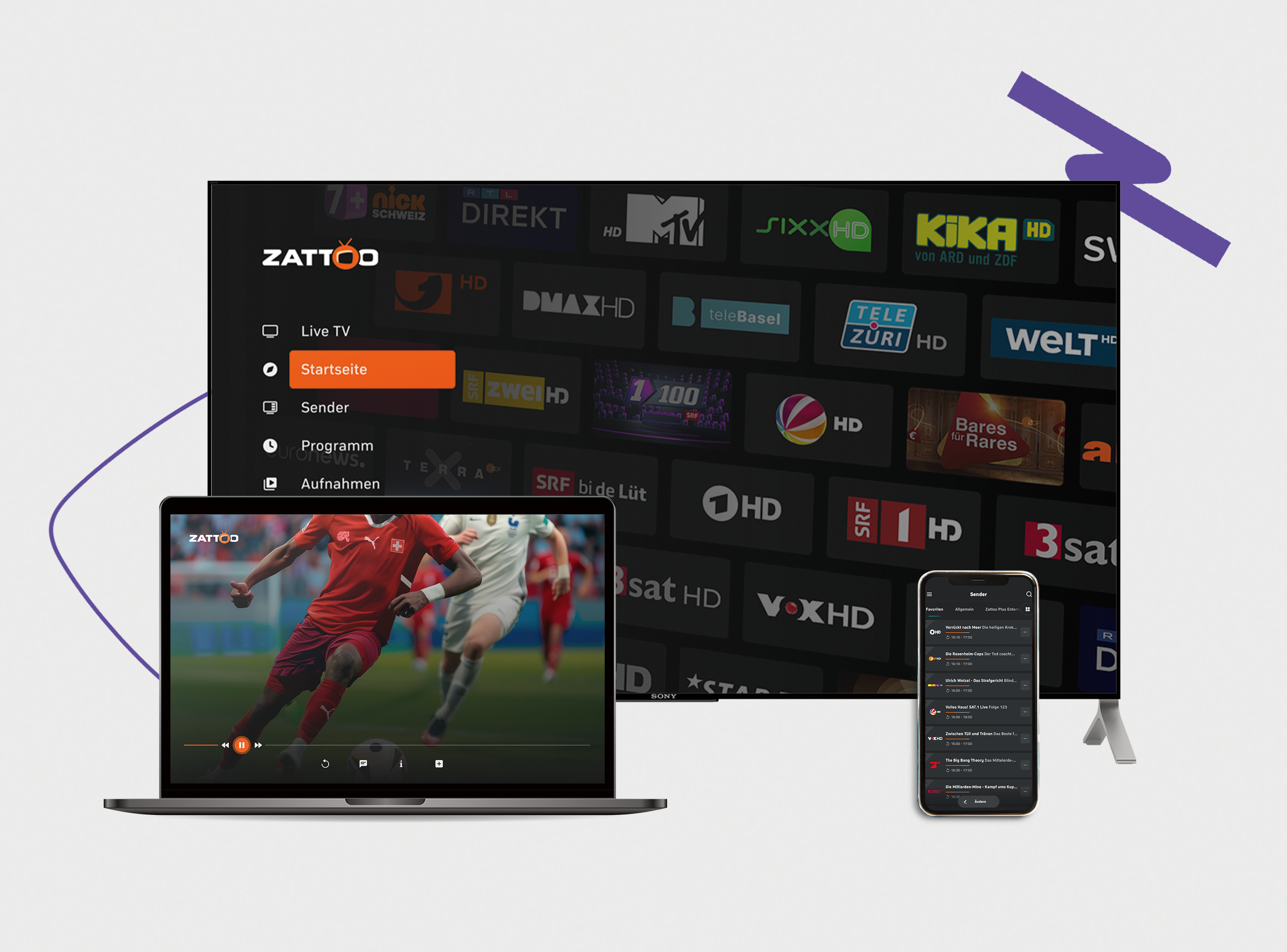 Zattoo PREMIUM sur Smart TV, ordinateur portable et smartphone