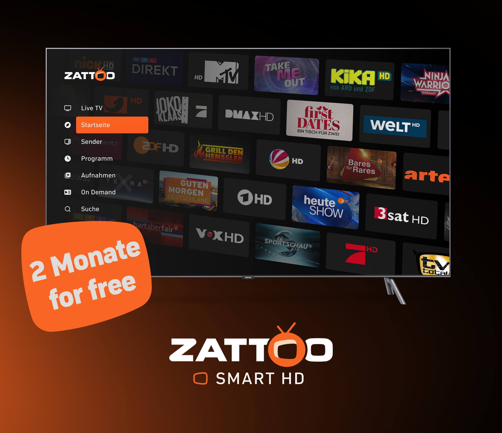 Zattoo Smart HD Content Wall, Senderliste auf einem Smart TV