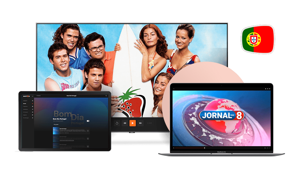 Smart-TV, Laptop und Smartphone mit portugiesischen Sendern von Zattoo