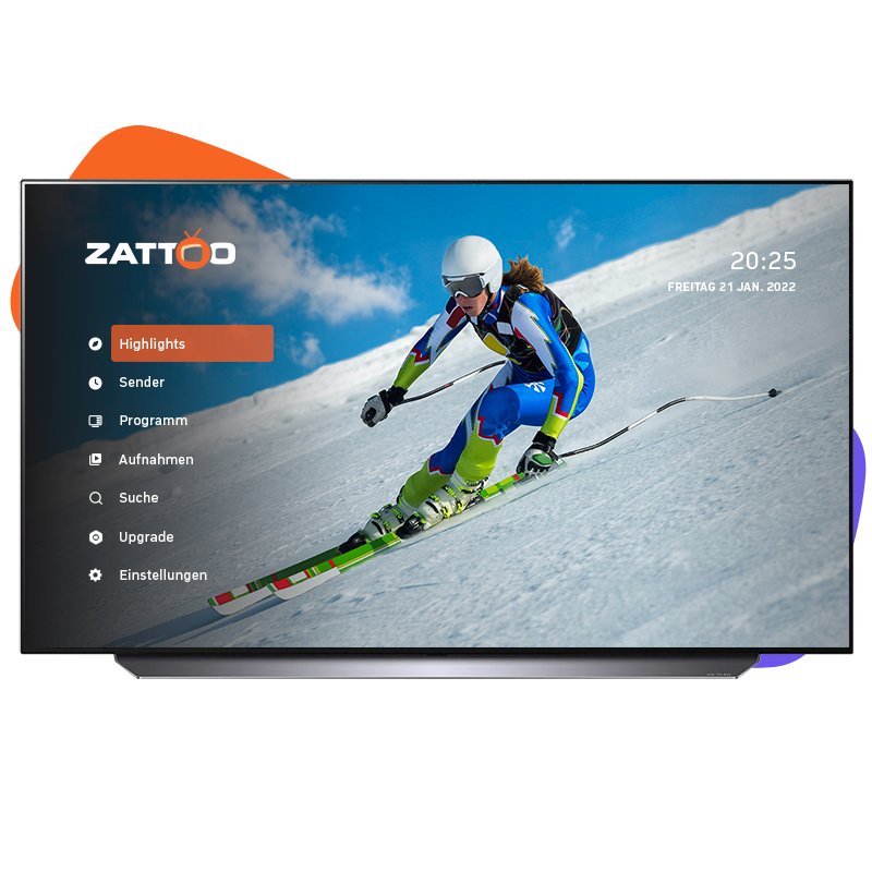 LG Smart-TV mit Skiläufer und Zattoo Menü auf dem Bildschirm