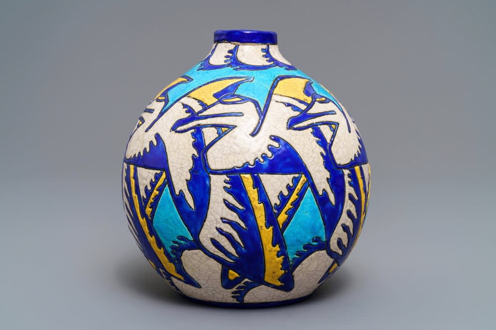 Charles catteau for boch ke  ramis  art deco crackle glazed vase  1920s
