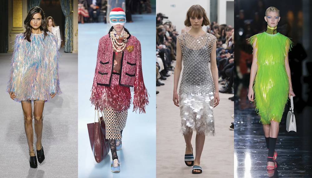 Most Unique Trend: Synthetic Fluorescent Fringe, From Left: Balmain, Gucci, Paco Rabonee, Prada