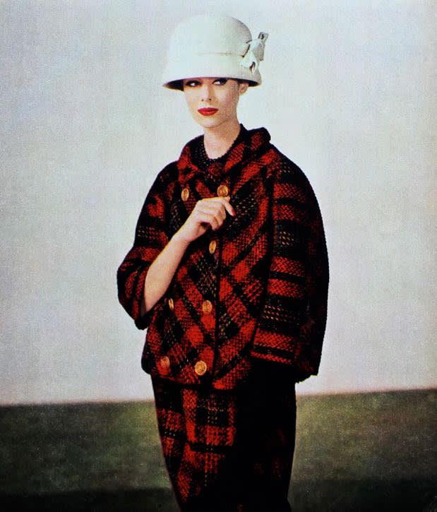 Plaid coat and skirt ensemble by balenciaga  photo tom kublin  jardin des modes november 1960